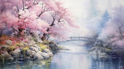 Enchanting cherry blossom gardens. aquarelle Generative AI