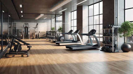 Modern interior of gym with exercise equipment  - obrazy, fototapety, plakaty