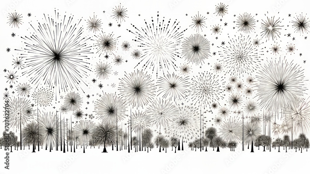 Poster Engraved-style line art of fireworks bursting in various shapes and sizes. Generative AI