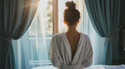 A woman wearing white bathrobe opening curtains in luxury hotel room.