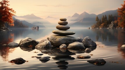 Hyper-realistic depiction featuring a pyramid of stones set amidst a landscape of tranquil waters, awe-inspiring mountains, and pristine nature. Highlight the integration of mindfulness, yoga, meditat