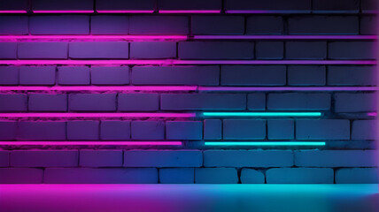 bricks background with glowing noen lines. generated by Ai.