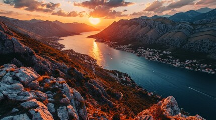 Obraz premium Iconic bay curves, drone's altitude, sun setting, serene coastal scenery, high-definition sunset tableau in Boka Kotor Bay Generative AI