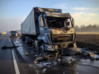 Photo of the damaged truck after an accident on the highway 