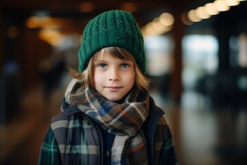 Portrait of a cute little boy in a hat and scarf.