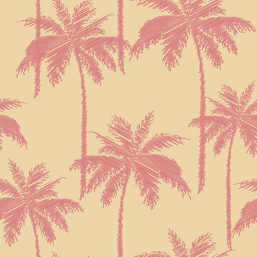 Vintage tropical seamless pattern with hand drawn scribble palm tree
