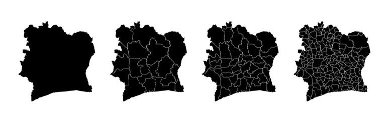 Set of isolated Cote d Ivoire maps with regions. Isolated borders, departments, municipalities.