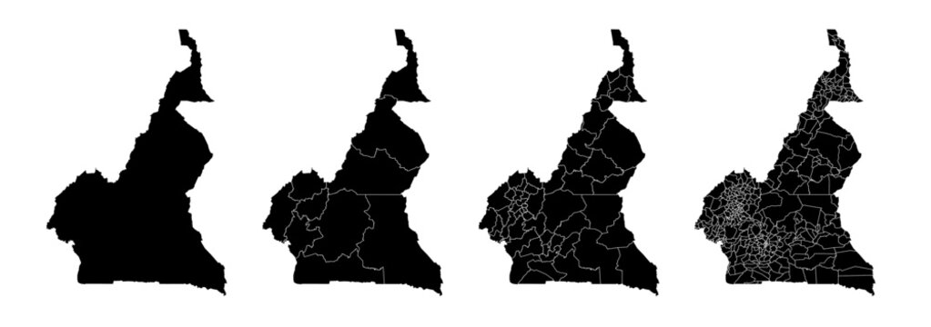 Set of isolated Cameroon maps with regions. Isolated borders, departments, municipalities.