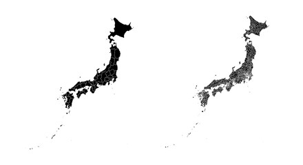 Set of isolated Japan maps with regions. Isolated borders, departments, municipalities.