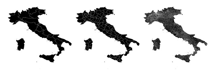 Set of isolated Italy maps with regions. Isolated borders, departments, municipalities. - obrazy, fototapety, plakaty
