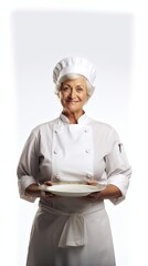 Middle-aged female chef in chef attire, subtle smile, holding a dish, presenting proudly, against a plain white backdrop Generative AI