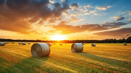 large rolls of hay in the field after harvest. rural landscape with rolled hay in ripe wheat field.sunset,sunrise background - obrazy, fototapety, plakaty