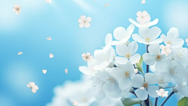 beautiful nature scene with spring white flowers primroses on a blue background. seamless looping overlay 4k virtual video animation background 