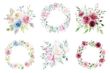 Papier Peint photo Des fleurs Floral set, watercolor flowers hand painting, vintage bouquets, wreaths with roses and peonies. Decoration for poster, greeting card, birthday, wedding design. Isolated on white background.
