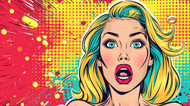 Wow pop art. Sexy pop art woman with open mouth. Vector colorful background in pop art retro comic style.
