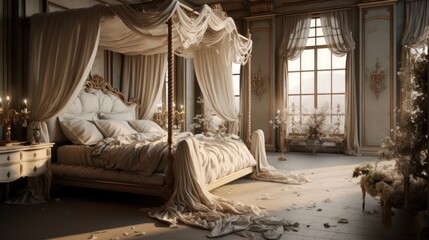 Opulent master bedroom with a canopy bed and silk drapes. Generative AI