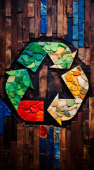 Recycling symbol made of multicolored mosaic tiles on a wooden background. the direction of environmental sustainability. The recycling of garbage waste. Preserving the environment