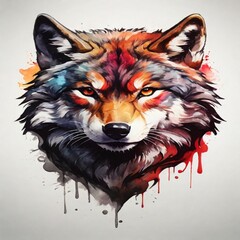 Witness an impressive watercolor logo featuring a powerful wolf face in vibrant colors. The design stands out against a monochrome background, creating a visually striking impact