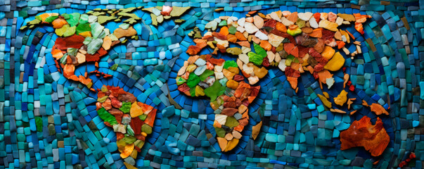 Creative mosaic world map created from of colorful leaves on background of blue tiles. Conservation of the environment. Friendship of peoples of the world. Environmental protection. Warming problem