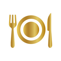 gold meal sign, gold meal icon, golden food icon, Knife Fork Spoon Plate, Restaurant Food Kitchen utensil