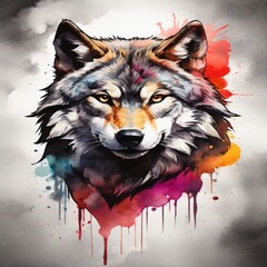 Witness an impressive watercolor logo featuring a powerful wolf face in vibrant colors. The design stands out against a monochrome background, creating a visually striking impact