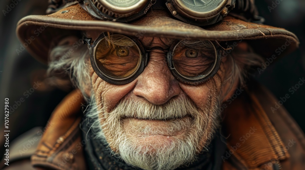 Poster Photo concept of an elderly post-apocalypse individual in steampunk attire, smiling and displaying resilience in a difficult world Generative AI
