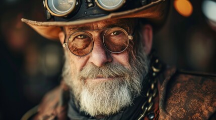 Photo concept of an older post-apocalypse individual in steampunk clothing, smiling warmly and...