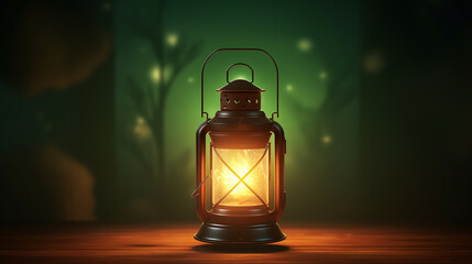 old-fashioned lantern with modern LED light against rustic brown to green gradient paper cut style