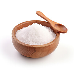 Salt in wooden bowl with spoon on white background