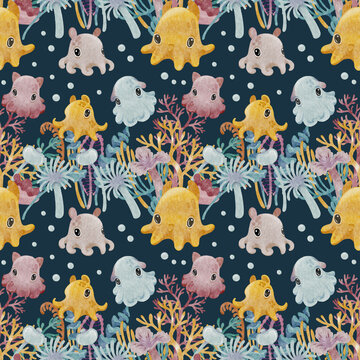 Cute cartoon dumbo octopus watercolor art with corals. Dark background. Seamless pattern