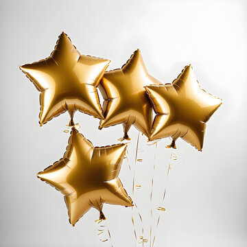 4 gold star balloon on a white background photorealistic