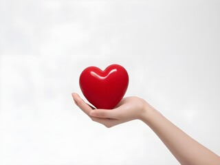 Hand holding a red heart on a white background