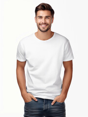 portrait of a happy man with hands in pocket and white mock up t shirt 