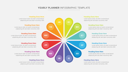 Yearly Timeline Planner Circular Flower Infographic Template with 12 Months - obrazy, fototapety, plakaty