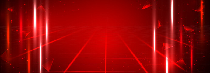Abstract futuristic red 3d space technology background with flying red polygons and light effect.Sci fi futuristic red lights tunnel corridor. Red stage background. High tech lines, cyberspace. Vector