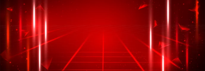 Fotobehang Abstract futuristic red 3d space technology background with flying red polygons and light effect.Sci fi futuristic red lights tunnel corridor. Red stage background. High tech lines, cyberspace. Vector © SappawatS