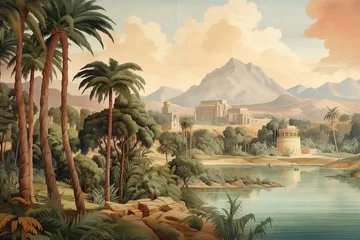 Gordijnen Wallpaper depicting ancient Egypt landscapes with palm trees, temples, and Nile river. Generative AI © Aida