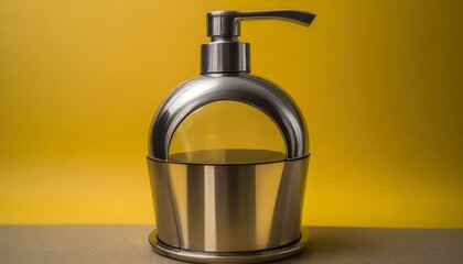 bottle of perfume.a sleek round dispenser showcased against a cheerful yellow background, combining functionality with a pop of vibrant color.