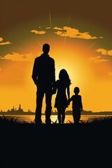 Happy Family and Sky Friends. Sunset Silhouette Fun