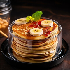 Protein Pancakes Stack with Banana Slices in Transparent Container