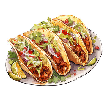 Tacos mexican food watercolor illustration png isolated on a transparent background, clipart 
