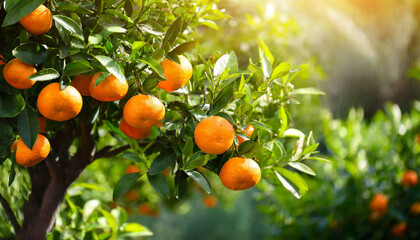 Citrus branches with organic ripe fresh oranges tangerines growing on branches with green leave background