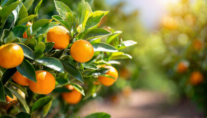 Citrus branches with organic ripe fresh oranges tangerines growing on branches with green leave background