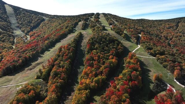 Colorful Trees Over Killington Mountain Slopes In Vermont, United States. Aerial Drone Shot