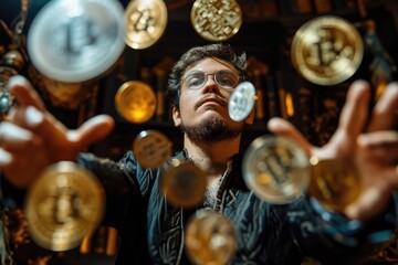 A conceptual image of a person juggling multiple cryptocurrencies, with a focused and determined expression