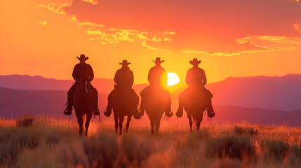 Fototapeta na wymiar Horse Riders On Horses At Sunset, American People, Generative Ai