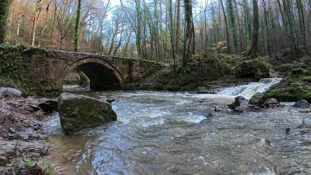 River flowing from small woodland waterfall under stone rustic footbridge in autumn forest slow motion