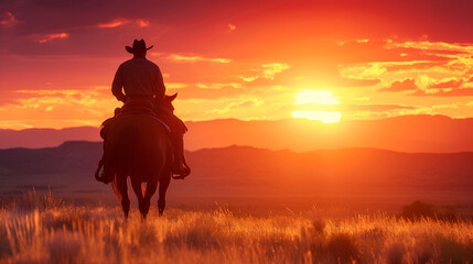Rider In Sunset, American Man Looking At Sun on hills, Generative Ai