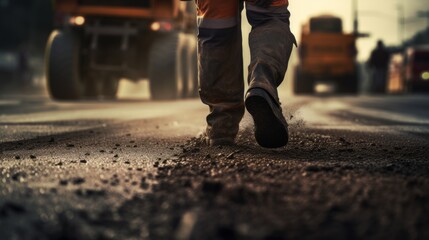 Road worker using a rake, spreading gravel on the road surface, road construction area with equipment Generative AI