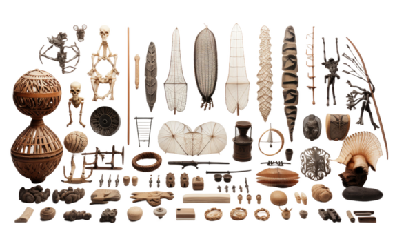 Cultural Curiosities Collection, an Eclectic Ensemble of Global Cultural Oddities on White or PNG Transparent Background.